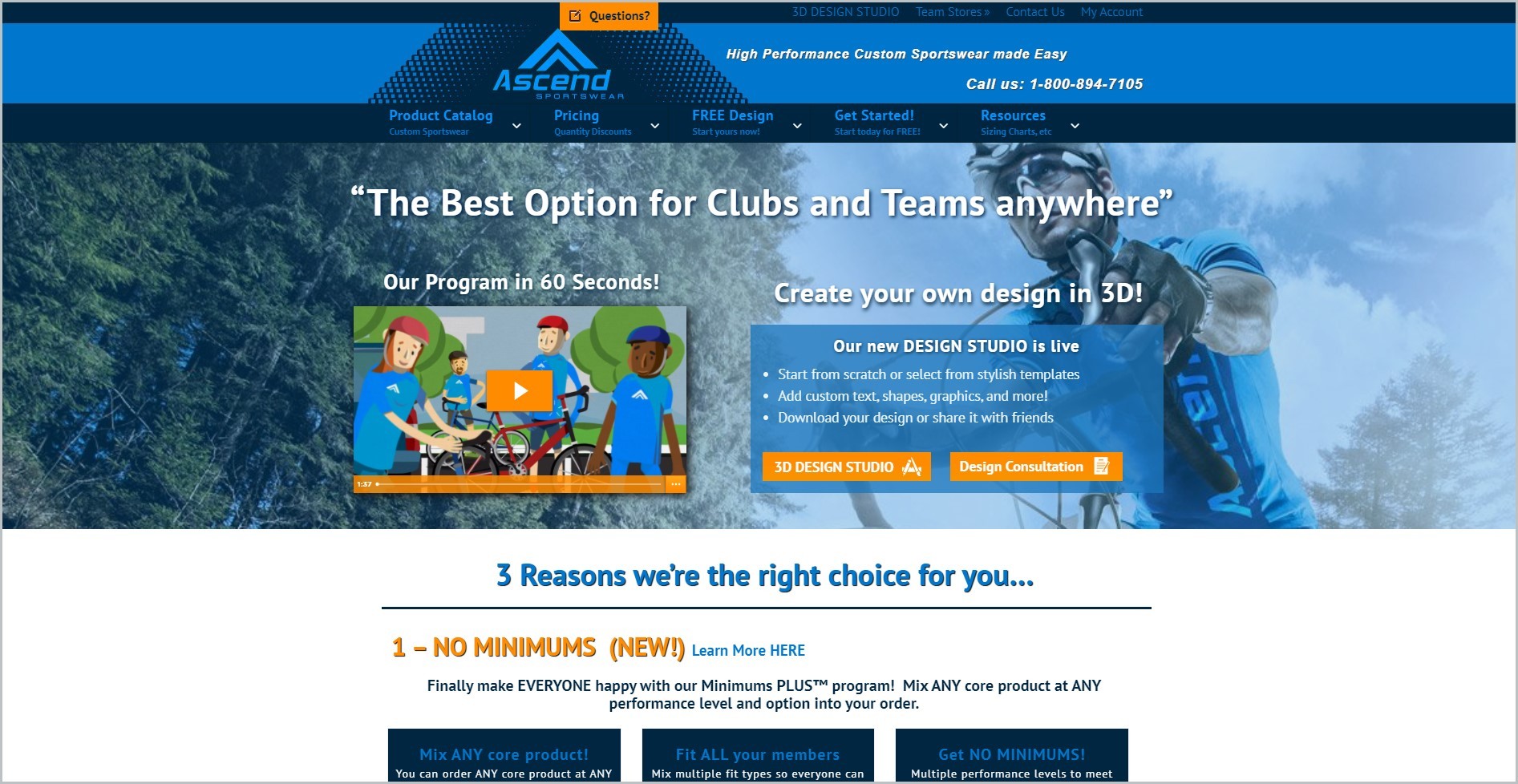 screenshot of Ascend Sportswear homepage with blue header with he website's name and contact information, underneath it is the blue main navigation bar