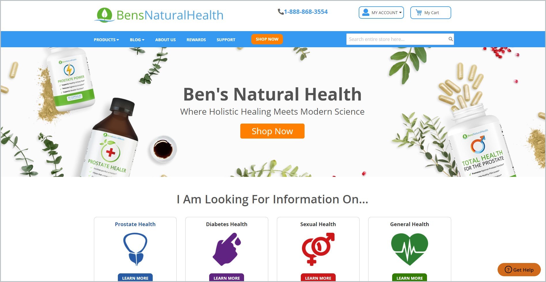 screenshot of Ben’s Natural Health homepage, white header with the website's name and information, underneath is a sky-blue main navigation bar, it features images of supplement bottles, capsules, and herbs