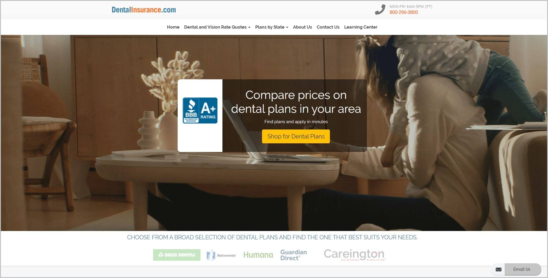 screenshot of DentalInsurance.com homepage, with white header bearing the website's name and company information, underneath is a white main navigation bar, it features an image of a woman sitting working on her laptop with her child clinging to her back