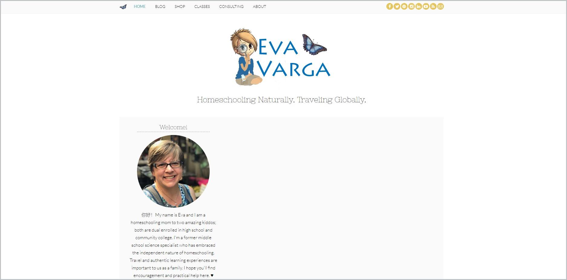 screenshot of Eva Varga's homepage with white header bearing the website's name and logo, and navigation menu, it also features a picture of Eva Varga