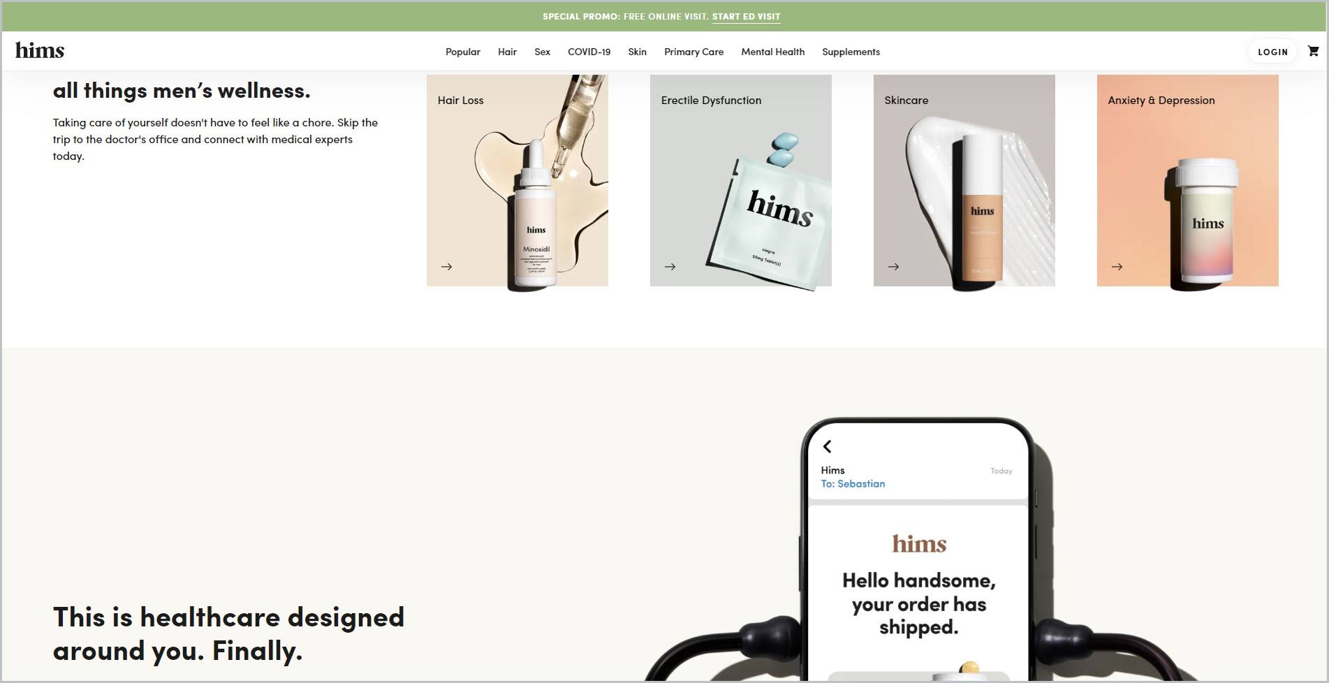 screenshot of Hims homepage, with light green announcement bar, white header with the website's name and main navigation menu, it showcases images of some of the website's products