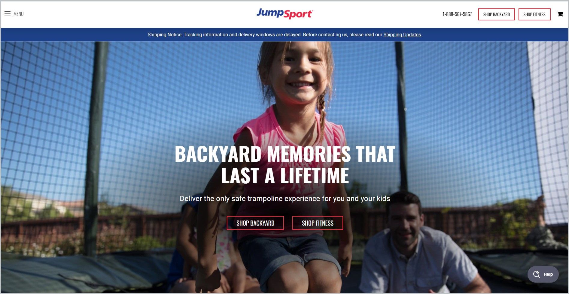 screenshot of JumpSport homepage, with white header bearing the website's name, main image shows a little girl jumping on a trampoline while her family look on at the background