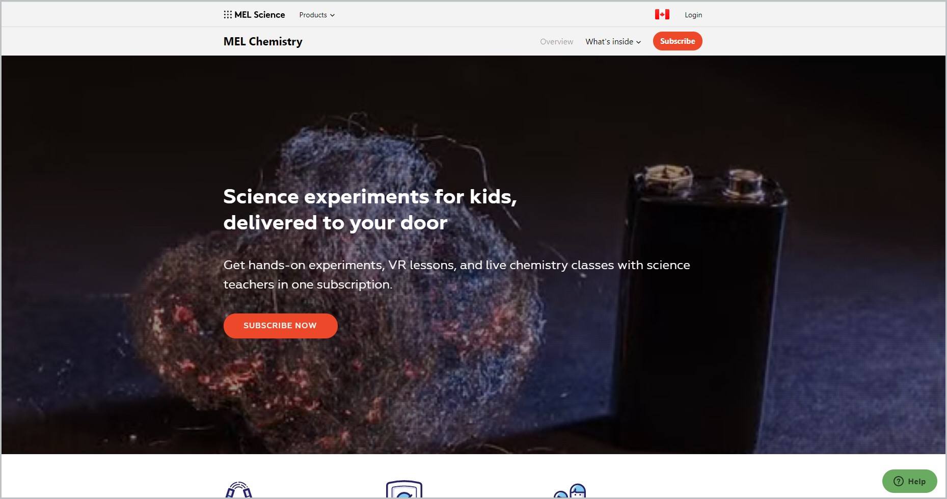 screenshot of MEL Science homepage, with white header with the website's name and main navigation menu, it features an image of one of their science activity