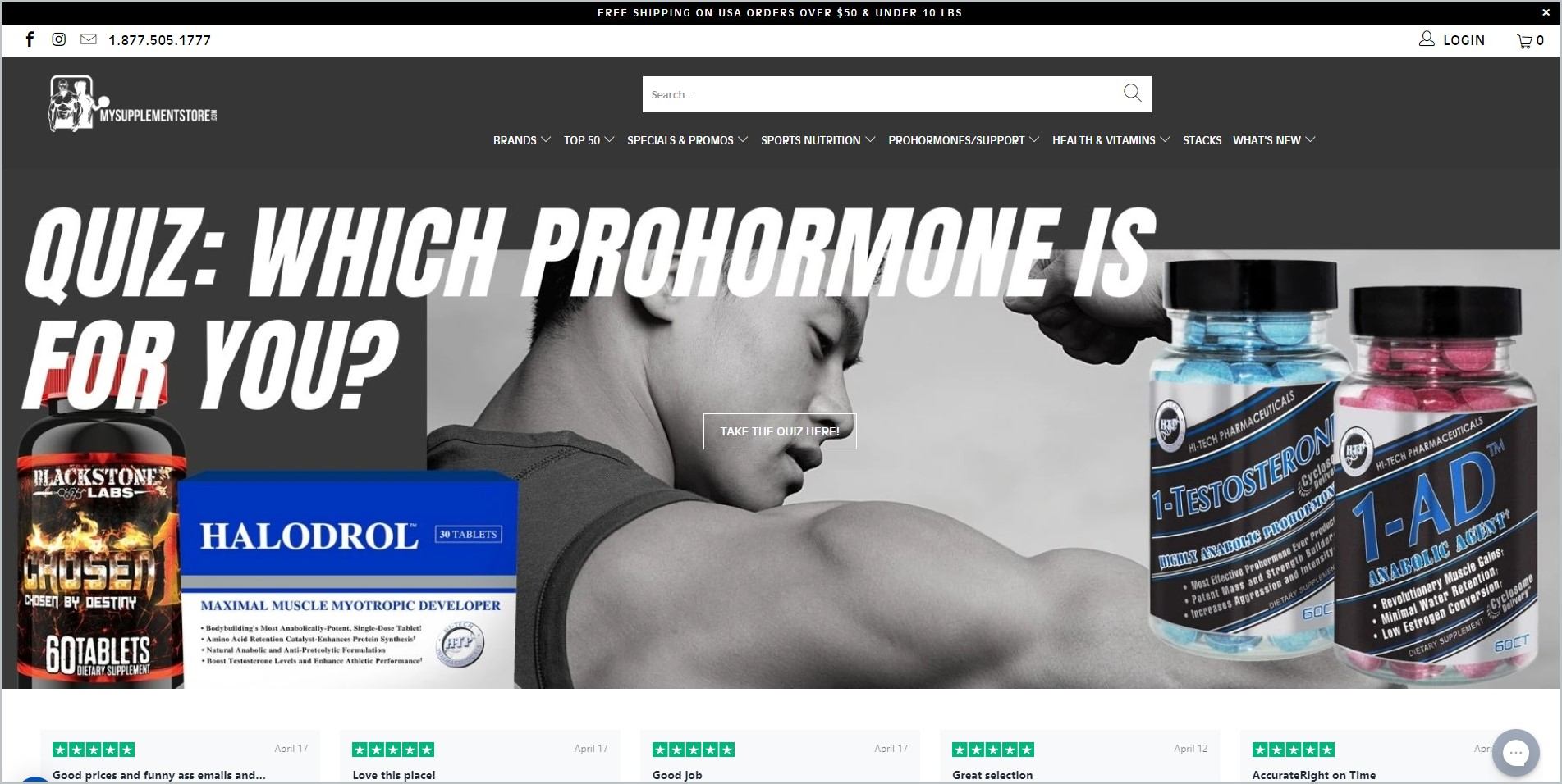 screenshot of My Supplement Store homepage, with white announcement bar, black header with the website's name, search bar, and navigation menu, it features a closeup image of a male bodybuilder