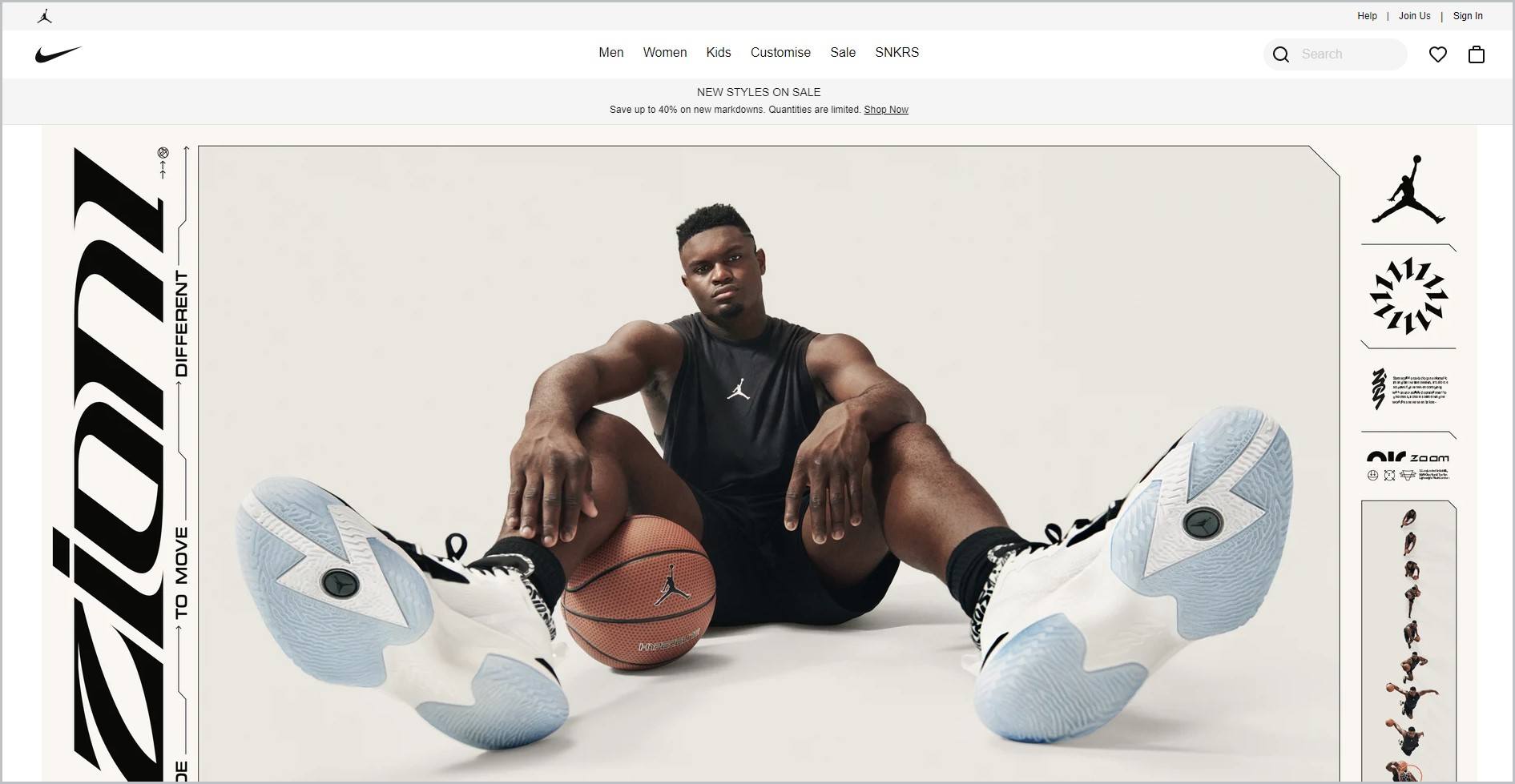 screenshot of Nike homepage with white header with the website's name and main navigation menu, it showcases an image of a black man in jersey top and shorts, wearing sneakers, seated on the floor with a basketball 