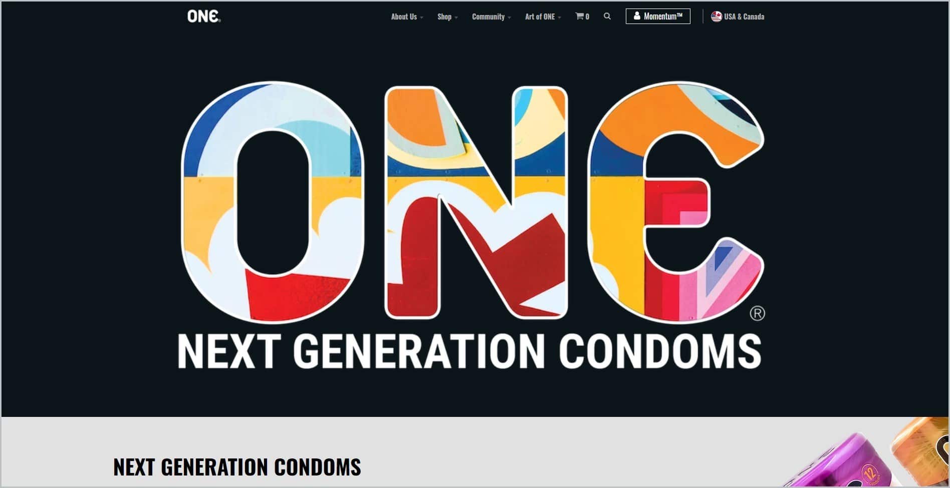 screenshot of ONE Condoms homepage with black header bearing the website's name and main navigation menu, it features a colorful bold letters spelling 