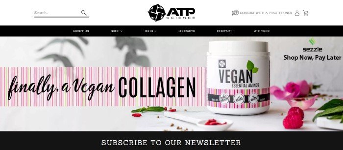 This screenshot of the home page for ATP Science has a black navigation bar with white text above a photo containing a jar of Vegan essential amino acids, along with a pink and greens striped banner section with black text announcing vegan collagen and an invitation to subscribe to the newsletter.