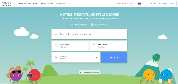 This screenshot of the home page for Agoda has a white navigation bar above an aqua main section with graphic white clouds, white text announcing hotels and other accommodations, and a white search window with a blue call-to-action button above graphic showing circles with faces and accessories such as hats and cameras in colors of red, purple and yellow enjoying palm trees and mountains.