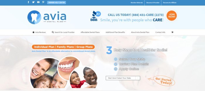 This screenshot of the home page for Avia Dental Plan has a blue header above a white navigation bar and a large almost-transparent photo of a circle of smiling faces, behind three circular insets that include photos of beautiful smiles and information in white and blue text announcing three steps to a healthier smile. 