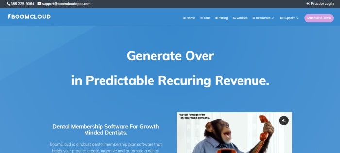 This screenshot of the home page for BoomCloud has a black header, a blue background, white text inviting dentists to get BoomCloud and increase their revenue, and a still shot of a chimpanzee in business clothes holding a phone in the lower right corner of the screen.