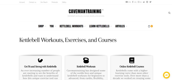 This screenshot of the home page for Caveman Training shows a simple website with a white background and black text describing kettlebell workouts, exercises, and courses.