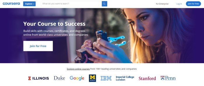  This screenshot of the home page for Coursera has a background photo of a woman working on a piece of computer equipment, behind blue text that reads 'Your course to success', along with an advertisement for Coursera classes and a blue call-to-action button.