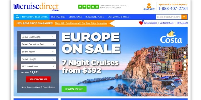 This screenshot of the home page for Cruise Direct has a white header, a blue navigation bar, an orange sales bar, and a large photo of a city built into some cliffs near the ocean, along with white text inviting people to travel to Europe and a white and gray search window with a red call-to-action button.