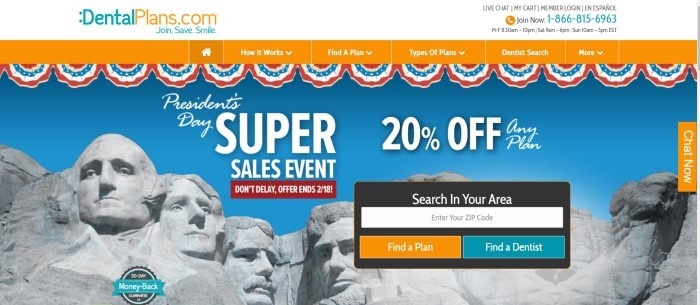 This screenshot of the home page for DentalPlans.com has a white header, an orange navigation bar with white text, and white text announcing a President's Day sale in front of a large photo of Mount Rushmore.