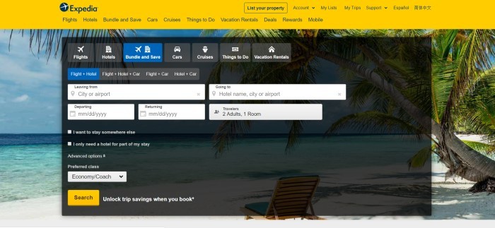 This screenshot of the home page for Expedia has a yellow header and navigation bar as well as a dark search window for finding bookings layered over a photo of a beach, including a blue sky, palm trees, the ocean, and an empty wooden lounge chair in the sand.