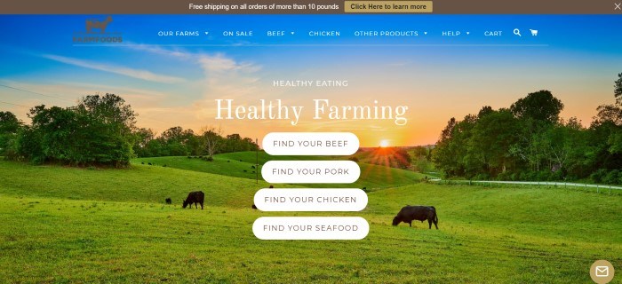 This screenshot of the home page for Farm Foods has a large photo of a green farm at sunset, including a small herd of black cows grazing in the pasture, along with four white call-to-action buttons for searching for beef, pork, chicken, or seafood and white text announcing healthy farming. 