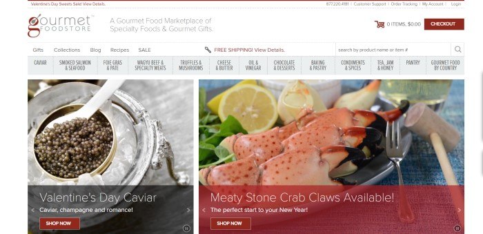 This screenshot of the home page for Gourmet Food Store has a white background with a gray navigation bar and maroon elements, above a photo on the left of caviar in a silver container and a photo on the right with a plate full of crab claws with greens and lemon slices, along with invitations and calls-to-action for purchasing those items. 