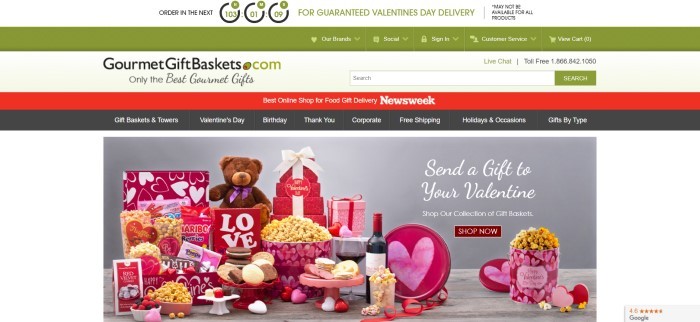 This screenshot of the home page for Gourmet Gift Baskets has a green header and main navigation bar above a pale green search bar section and a red and black secondary navigation bar, as well as a photo of several Valentine's day gifts in red, white, and pink, and an invitation in white text to send a gift to your valentine.