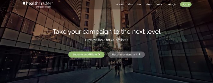 This screenshot of the home page for Health Trader has a dark filtered photo of a cityscape with tall buildings behind white text that reads "Take your campaign to the next level."