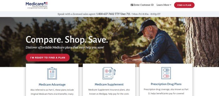 This screenshot of the home page for Medicare, which is powered by HealthPlanOne, has a photo of an aging man in a blue denim shirt and ball caps sitting by a tree in a forest, behind white text inviting customers to compare prices for different types of insurance and a row of white information boxes to help shoppers get started.