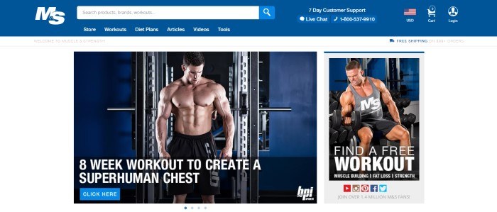 This screenshot of the home page for Muscle And Strength has a blue header with a search bar and white text in the navigation section, above a photo on the left of a muscly man standing in front of a weight set, and a photo on the right of a muscly man using a hand weight, along with invitations and call-to-action buttons for a free workout and an eight-week workout.