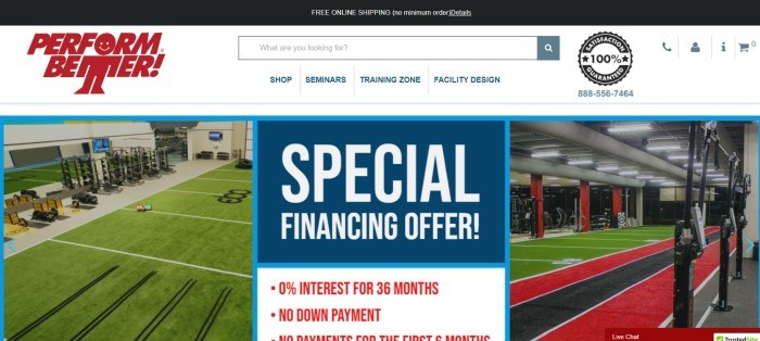 This screenshot of the home page for Perform Better has a black free shipping header, a white navigation bar, and two photos of the inside of a gym with several type of weight machines and other workout equipment, behind a box in blue with white text announcing a special financing offer. 