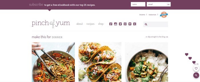 This screenshot of the home page for Pinch of Yum has a white background with a row of pictures showing various dinner dishes that are featured on the blog, under a phrase in purple and black reading 'Make this for dinner.'