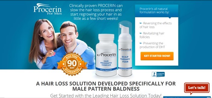 This screenshot of the home page of Procerin for Men has a teal background behind a photo of a smiling dark-haired man in a blue shirt and a smiling woman with brown hair leaning around his shoulders from behind him, near two bottles of Procerin products in white bottles, an orange satisfaction guaranteed badge and an orange call-to-action button.