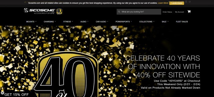 This screenshot of the home page for Scosche has a black header and navigation bar above a black and gold section with a large black and yellow graphic announcing a 40-year celebration for this company, along with white text on the right side of the page indicating a 40% off sale.