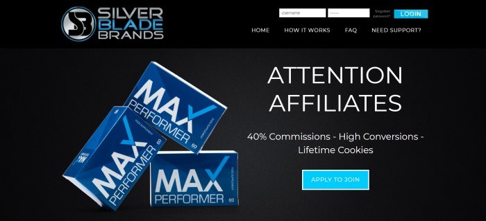 This screenshot of the home page of Silver Blade Brands has a black background with white, gray, and blue text announcing 40% commissions for affiliate marketers, along with photos of three blue packages for the Max Performer products and a blue call-to-action button.