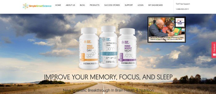 This screenshot of the home page for Simple Smart Science has a white navigation bar above a photo of a blue sky with white and gray clouds behind three bottles of MindBoost and Alpha Omega products, along with black text inviting customers to improve their memory and mood. 