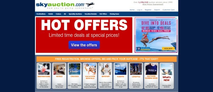 This screenshot of the home page for SkyAuction has a dark blue background, a white header, a dark blue navigation bar, a red section with white text announcing hot offers, a small photo on the right showing two girls diving into the ocean from a boat, and a row of travel-related photos with orange text links for searchable categories such as destinations or cruises.