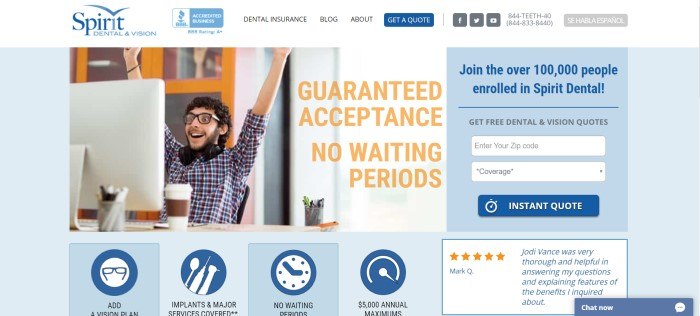 This screenshot of the home page for Spirit Dental And Vision has a white navigation bar above a photo of a young dark haired man wearing a plaid shirt, sitting in front of his computer screen with a smile on his face and his hands raised in a victory pose, next to orange text announcing guaranteed acceptance and no waiting periods, along with a blue and white search section on the right side of the page.