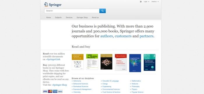 This screenshot of the home page for Springer has a gray background and navigation bar, along with a search bar and blue and orange logo, above a white main section with text in black and blue, a row of some of the book products, and blue text links for navigating to different categories of science books. 