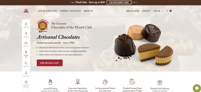 This screenshot of the home page for Gourmet Chocolate of the Month Club includes a white background with a faded picture of various chocolates, behind a pop-out photo of four chocolates net to black text and a maroon call-to-action button introducing artisan chocolates.