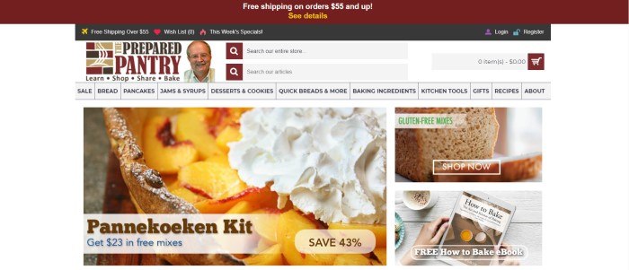 This screenshot of the home page for The Prepared pantry has a maroon header announcing free shipping above a search bar and navigation bar, and a section of photos showing a closeup of what appears to be a peach pannekoeken kit, gluten-free bread, and the cover of an e-book about how to bake. 