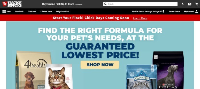 This screenshot of the home page for Tractor Supply has a black header and navigation bar above a red announcement for spring chicks and a light blue main section with white and blue text discussing proper pet foods, along with small product pictures of cat food and dog food. 