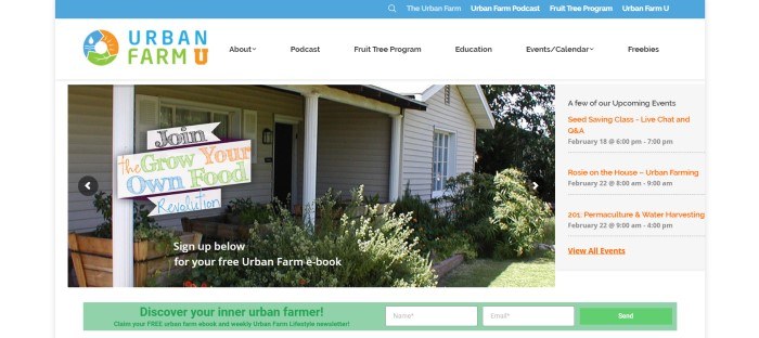 This screenshot of the home page for Urban Farm U has a blue header, a white navigation bar, and a photo of a white house with a porch and a graphic sign inviting people to grow their own food.