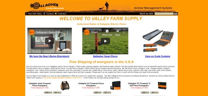 This screenshot of the home page for Valley Farm Supply has an orange background surrounding a white main section with orange and blue text announcing Valley Farm Supply and various products, some of which have video demonstrations above their links, including electrical fencing supplies and scale systems, as well as smaller black text telling more about the company.