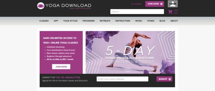 This screenshot of the home page for Yoga Download has a dark header, gray navigation bar, and white background with purple elements throughout the website, including a purple text box with white lettering describing what customers get with unlimited access on the left side of the page, along with a photo with a purple background and a woman in yoga clothing holding a pose, behind white text announcing a 5-day vinyasa challenge on the right side of the page. 