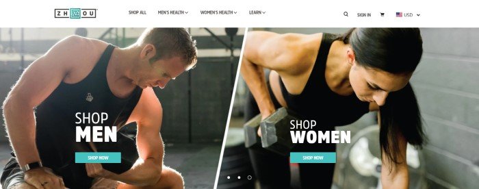 This screenshot of the home page for Zhou Nutrition has a photo of a man in a black shirt using a hand weight and a photo of a woman in a black sports bra and leggings using a hand weight, along with blue call-to-action buttons for both of them reading 'shop men' or 'shop women' below a white navigation bar.