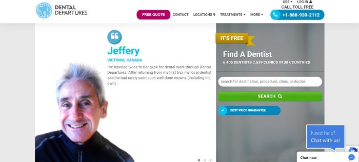 This screenshot of the home page for Dental Departures has a white and gray background, a white navigation bar, a photo of a smiling white-haired in a black jacket next to his testimonial in black and blue text, and a search section on the right side of the page for customers who want to find dentists or destinations. 