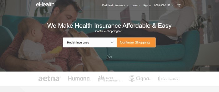 This screenshot of the home page for eHealth Insurance includes a dark-filtered photo of a man holding a baby and playing with a dog on the floor, while his wife works on a laptop while sitting on a blue couch behind them, along with white text announcing affordable insurance and a white and orange section for shopping for different types of insurance.