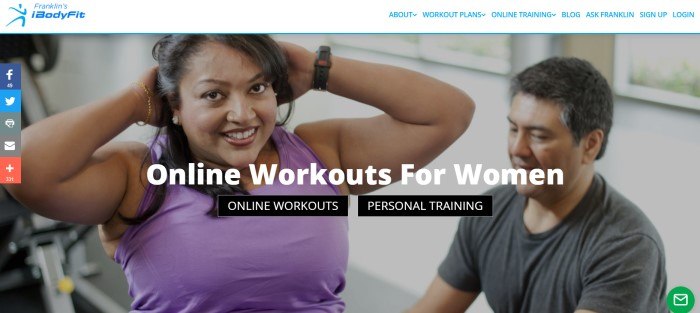 This screenshot of the home page for iBodyFit has a white navigation bar with blue text above a photo of a smiling dark-skinned woman in a purple tank top doing sit-ups, along with white text announcing online workouts for women and two call-to-action buttons. 