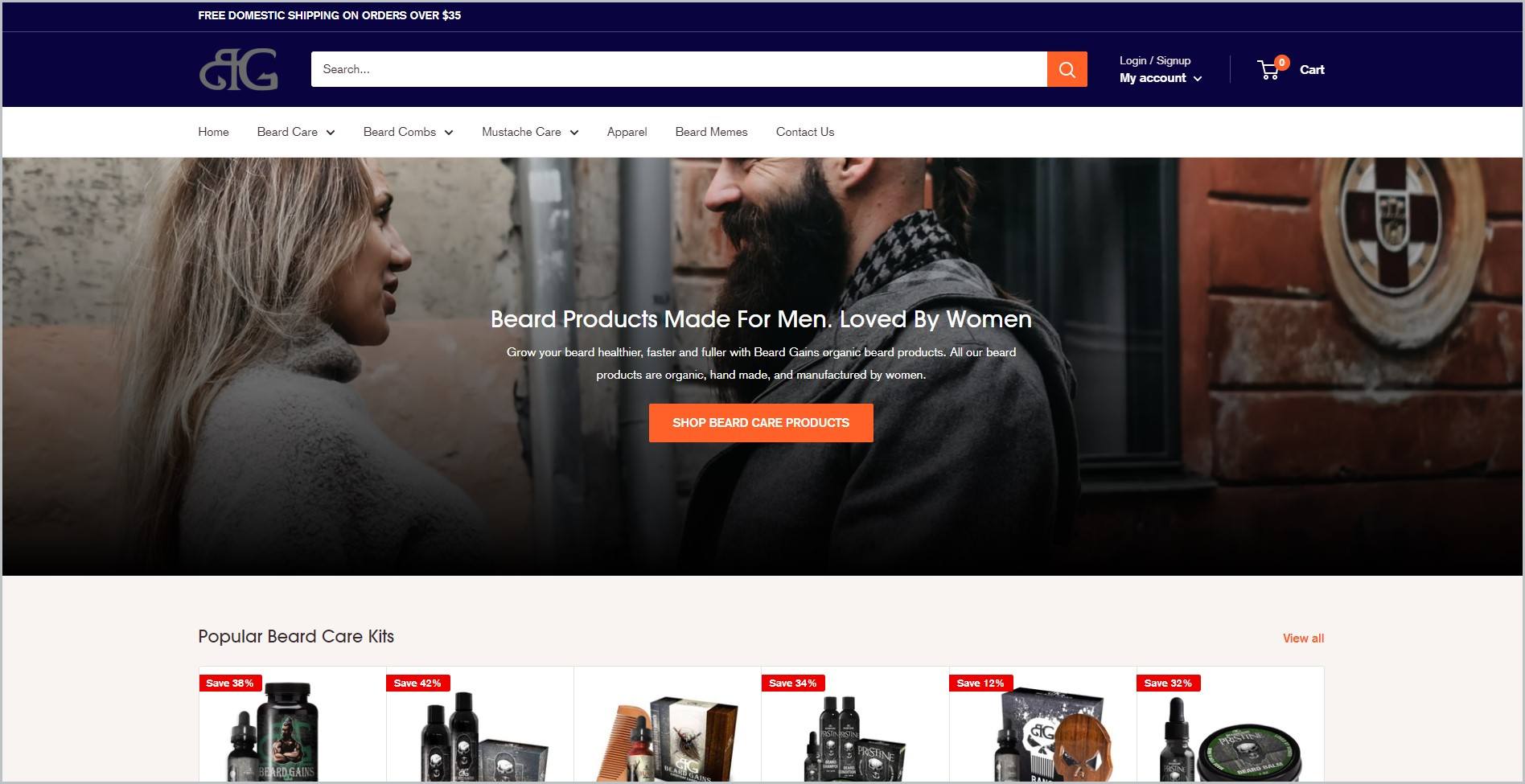 screenshot of Beard Gains homepage with the dark blue header bearing the website's name and main search bar, it showcases an image of a woman and freshly groomed bearded man and images of some of the website's products