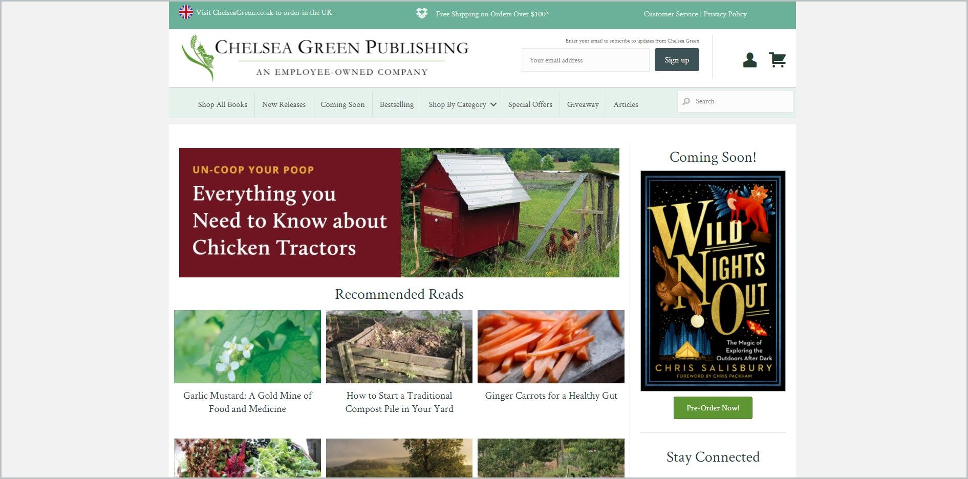 screenshot of Chelsea Green homepage, with a green announcement bar, white header with the website's name and search bar, underneath is the light-green main navigation bar, it showcases images of some of the titles the website carry