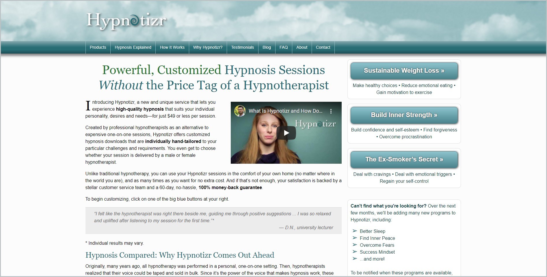 screenshot of Hypnotizr homepage, with greenish header with clouds for background, it bears the website's name, underneath is a green main navigation menu