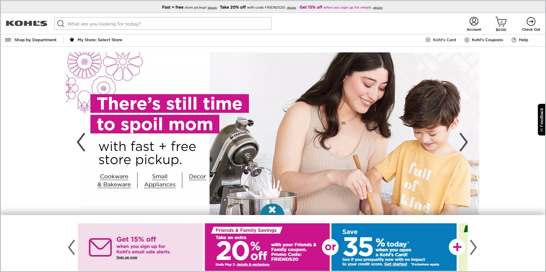 screenshot of Kohl’s homepage, with grey announcement bar, white header with the website's name and search bar, underneath is the main navigation bar, it showcases a mom and son baking 