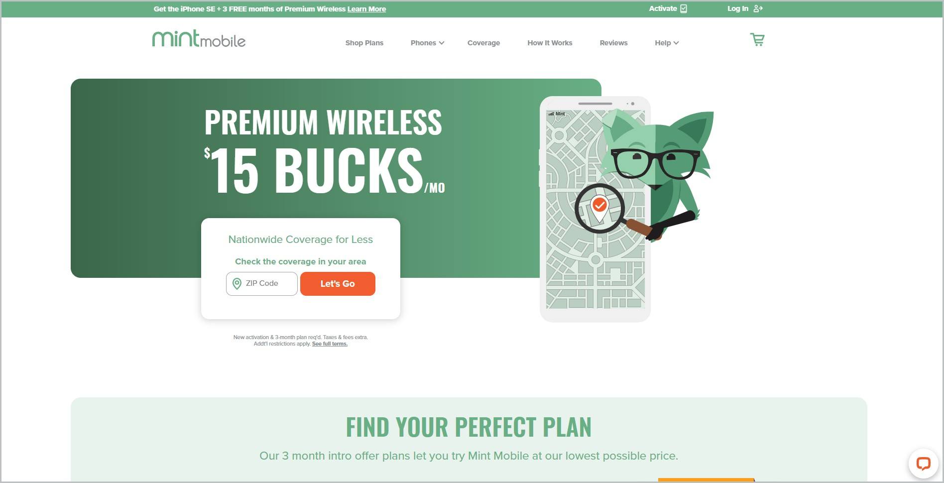 screenshot Mint Mobile homepage, with green announcement bar and white header bearing the website's name and main navigation menu, it showcases a drawing of a green fox wearing eyeglasses and holding magnifying glass over a mobile phone with map on it