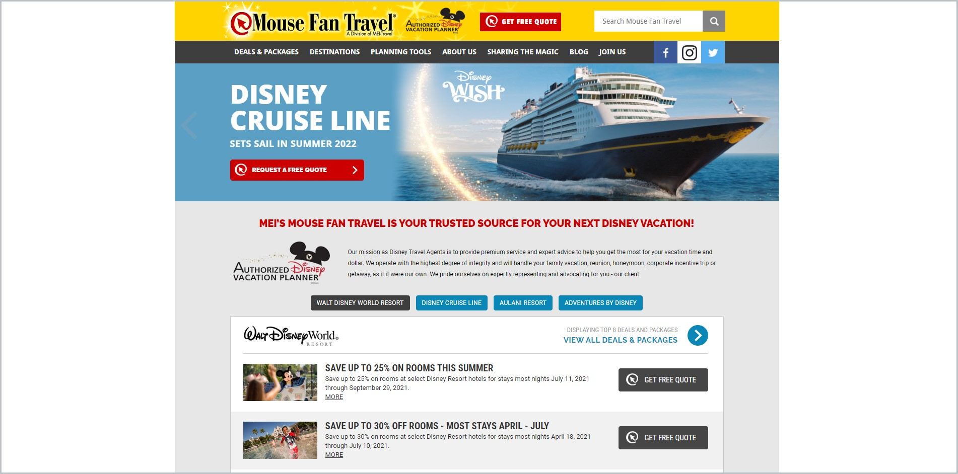 screenshot of Mouse Fan Travel homepage, with yellow header with the website's name and main search bar, underneath is a dark blue main navigation bar